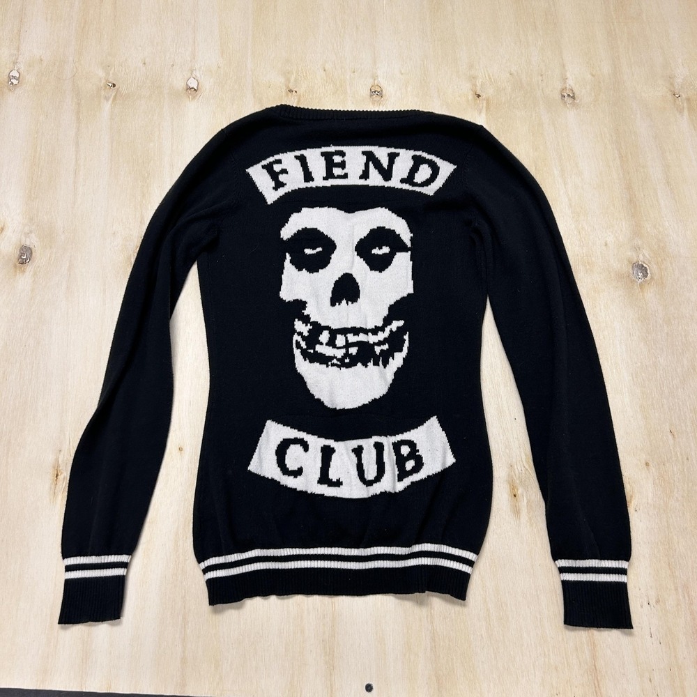Misfits Cardigan Sweater Womens Small Black V Neck 138 Fiend Club Skull Band